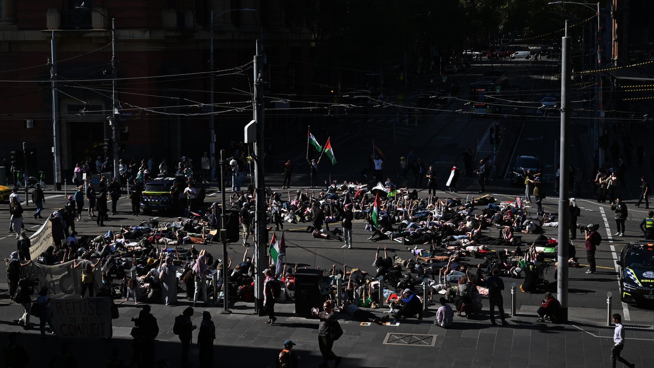 Protesters blocked the intersection of Bourke and Spencer streets.