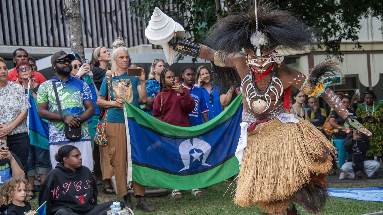 Muynau Koekaper Dance team member performs outside court in Cairns