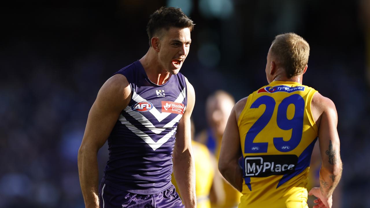 Fremantle's Patrick Voss let the Eagles' Clay Hall know