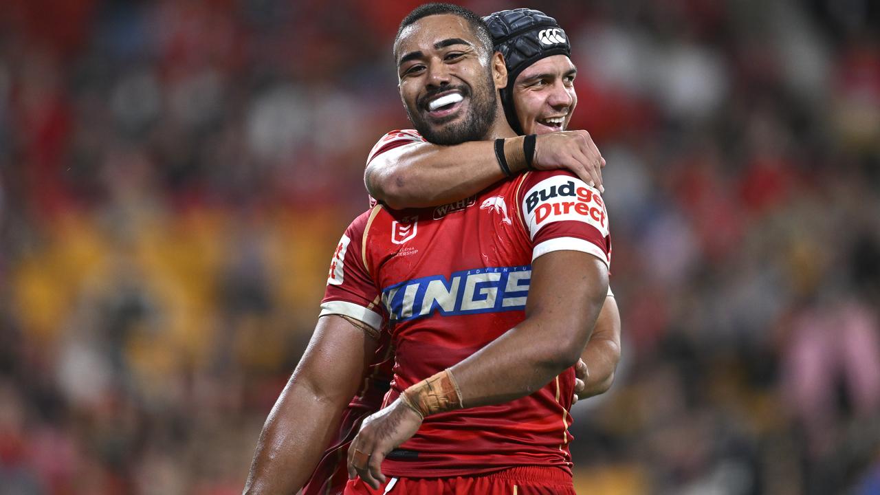 Connelly Lemuelu is congratulated by Kodi Nikorima