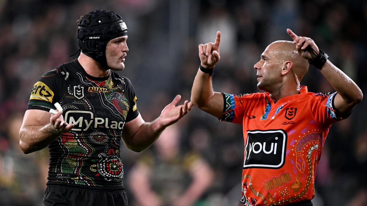 Nathan Cleary talks with referee Ashley Klein