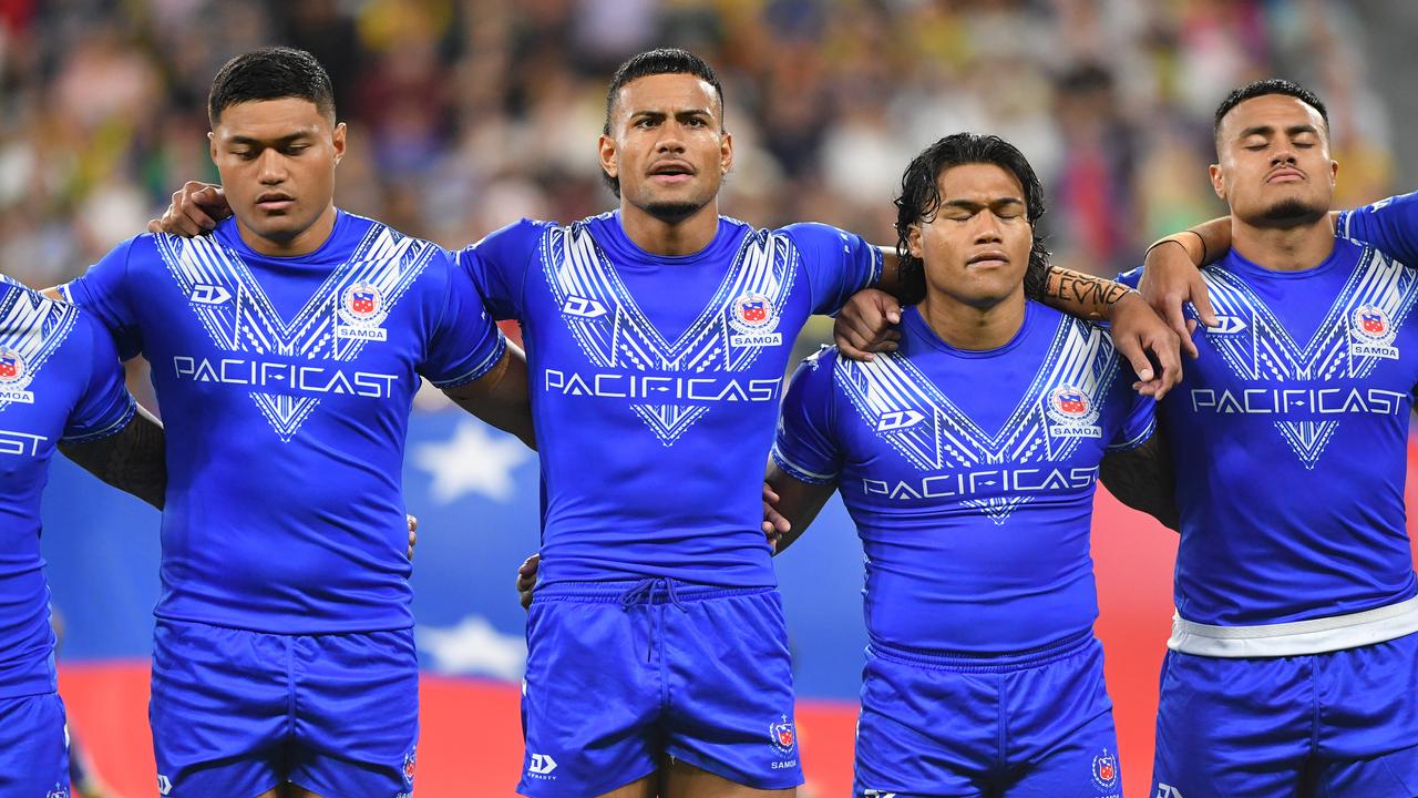 Samoa players during national anthem.