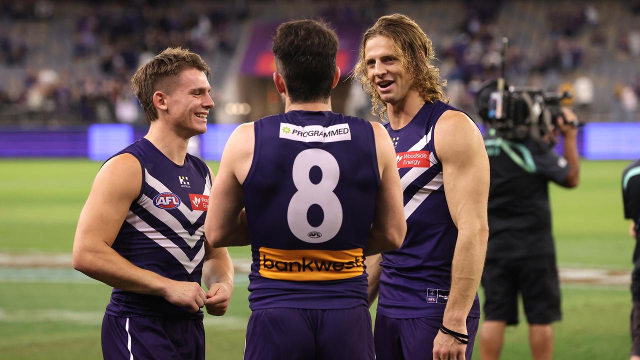 Caleb Serong, Andrew Brayshaw and Nat Fyfe