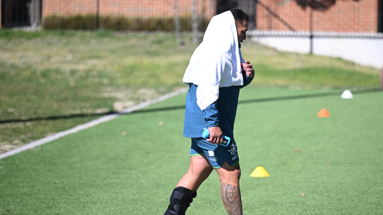 Josh Papalii sported a moon boot at training.