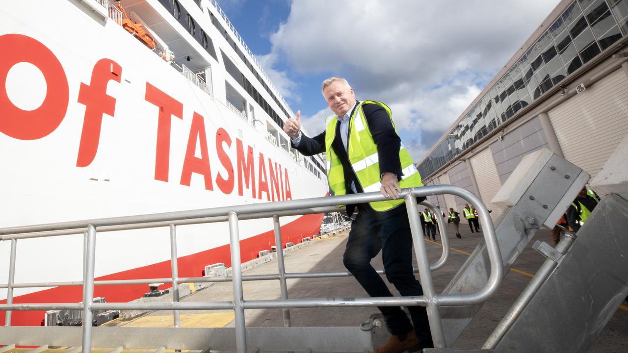 Premier Jeremy Rockliff boards the Spirit of Tasmania IV (file image)