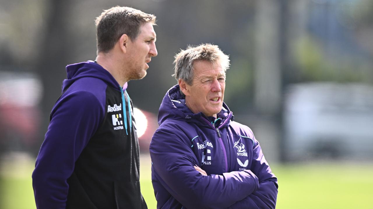 Ryan Hoffman (left) and Storm coach Craig Bellamy