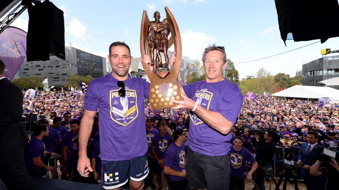 Cameron Smith and Craig Bellamy after the Storm's 2017 premiership.