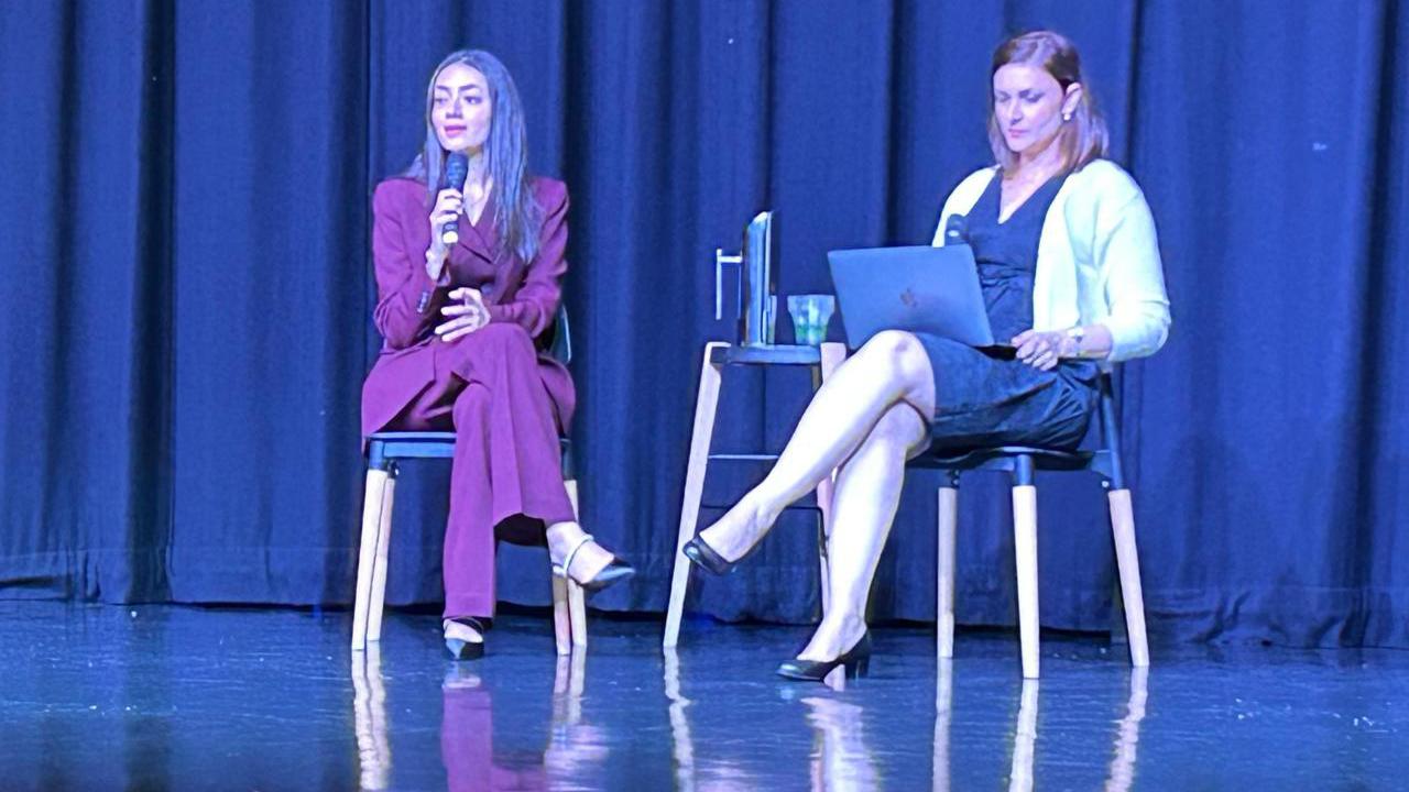 Palestinian author Plestia Alaqad and host Noura Mansour