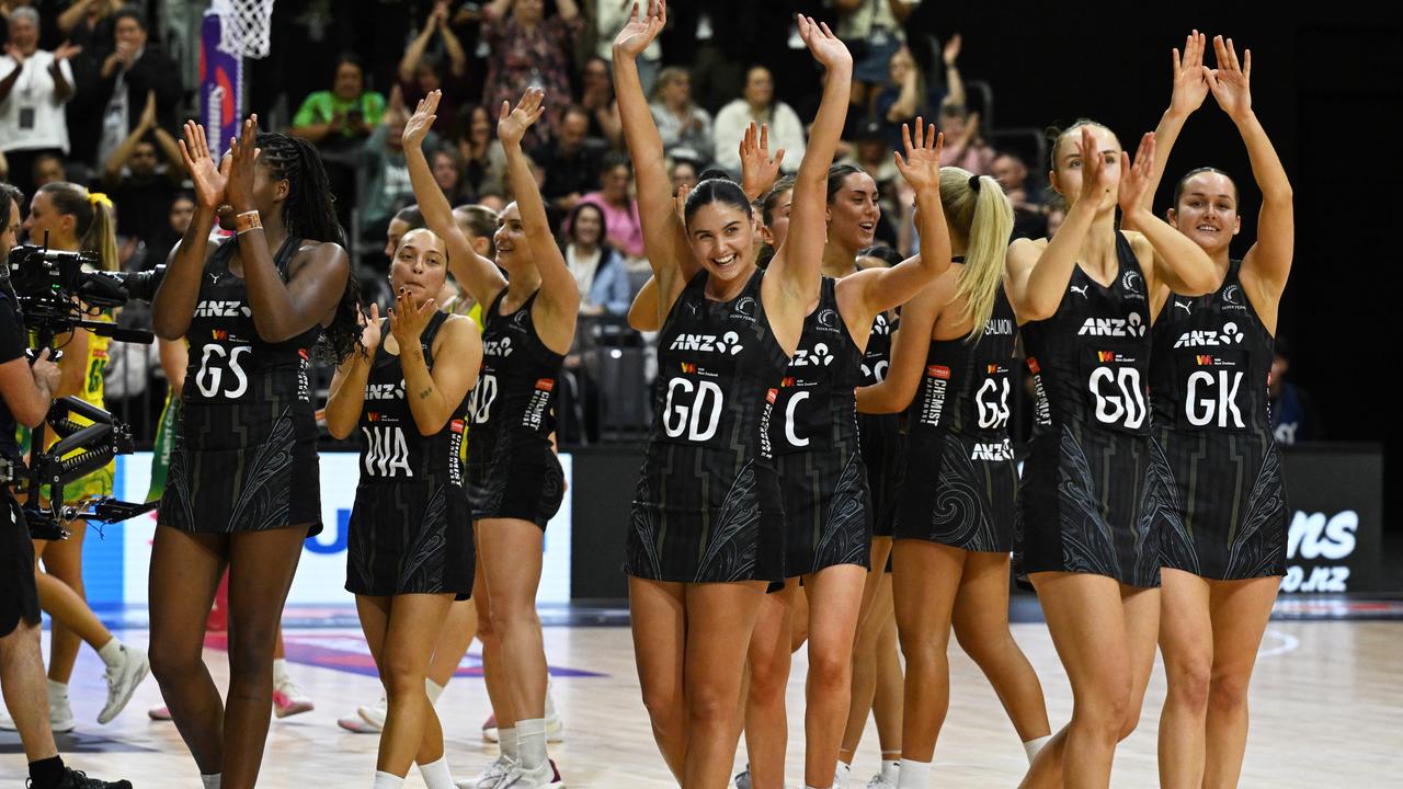 Silver Ferns players celebrate.