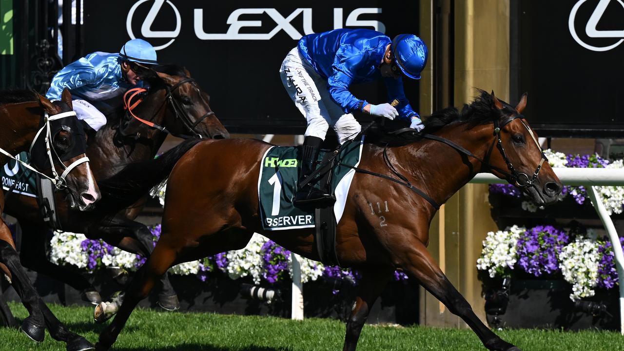 Mark Zahra rides Observer to a gutsy victory in the Victoria Derby