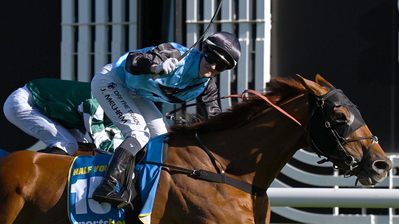 Jamie Melham salutes the crowd after her historic Caulfield Cup.