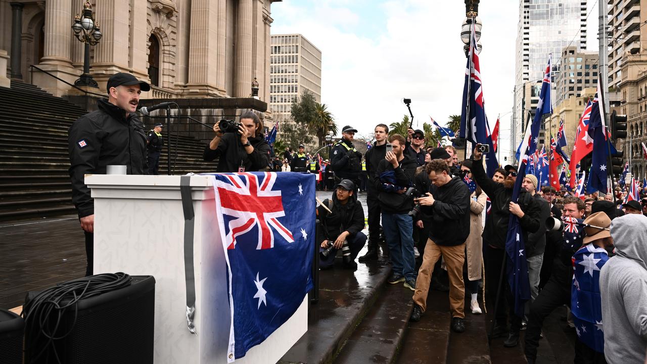 Thomas Sewell speaking to protesters at a rally in August