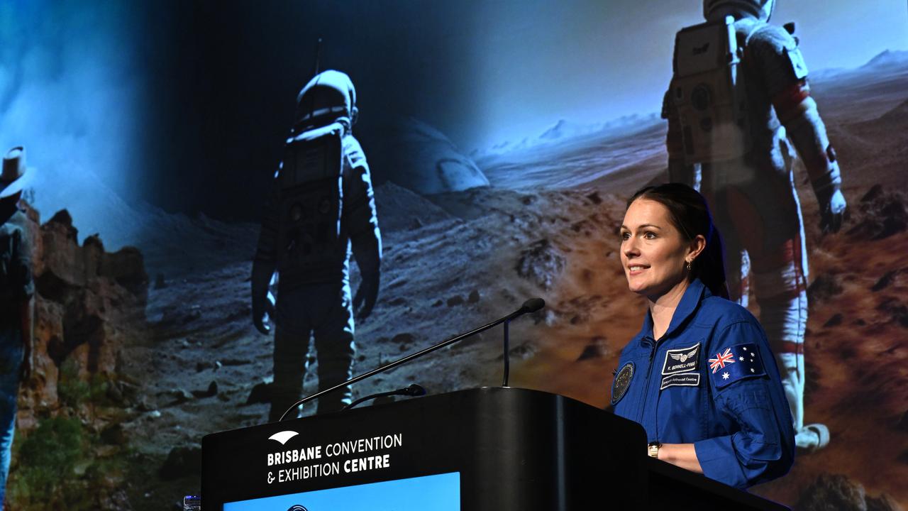 Australian astronaut Katherine Bennell-Pegg speaks to an audience
