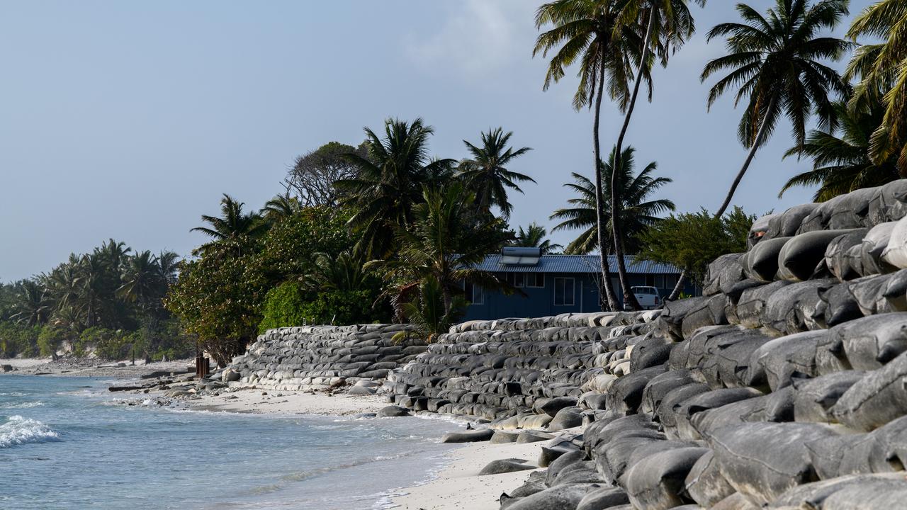 Sandbag seawalls on the Cocos (Keeling) Islands.