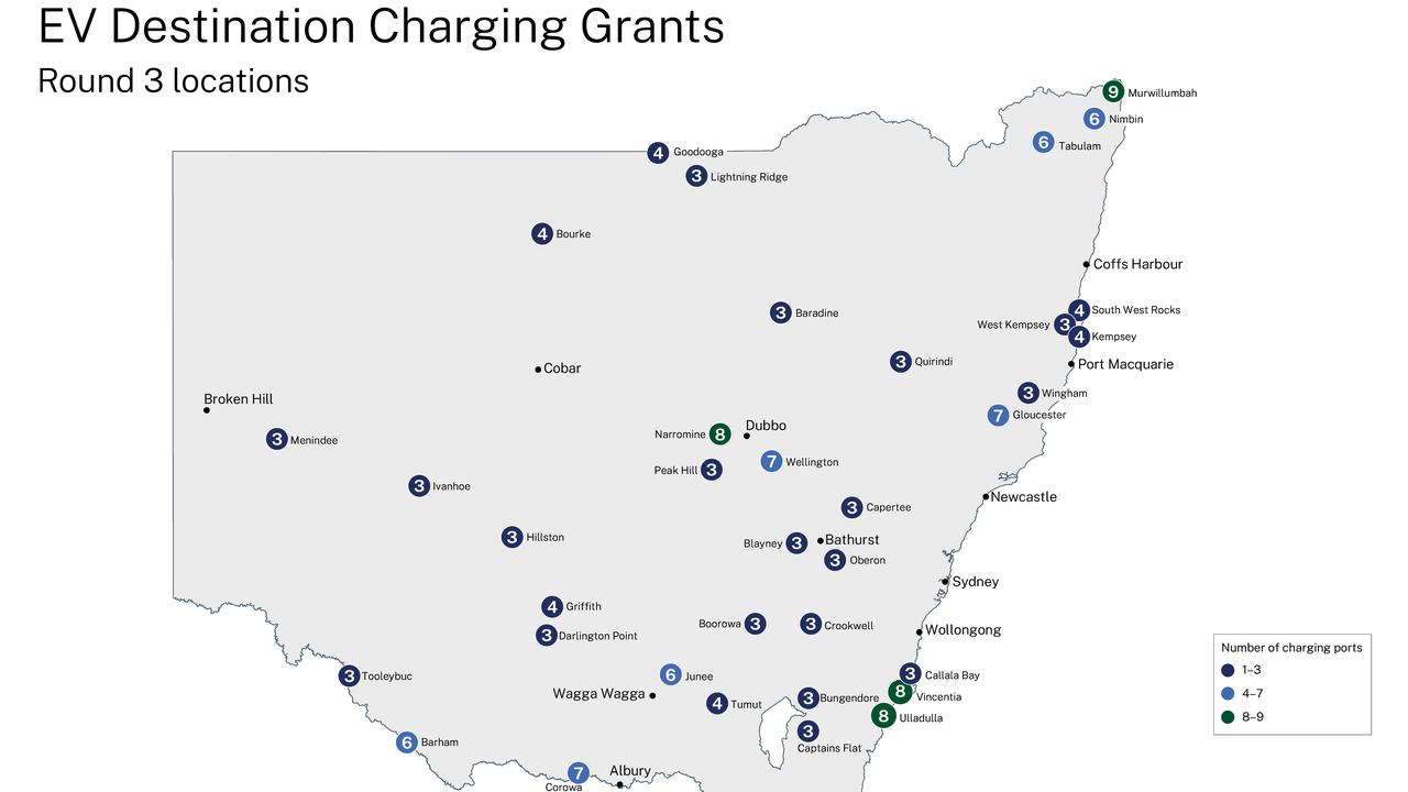 Map of where the NSW government will install electric vehicle chargers