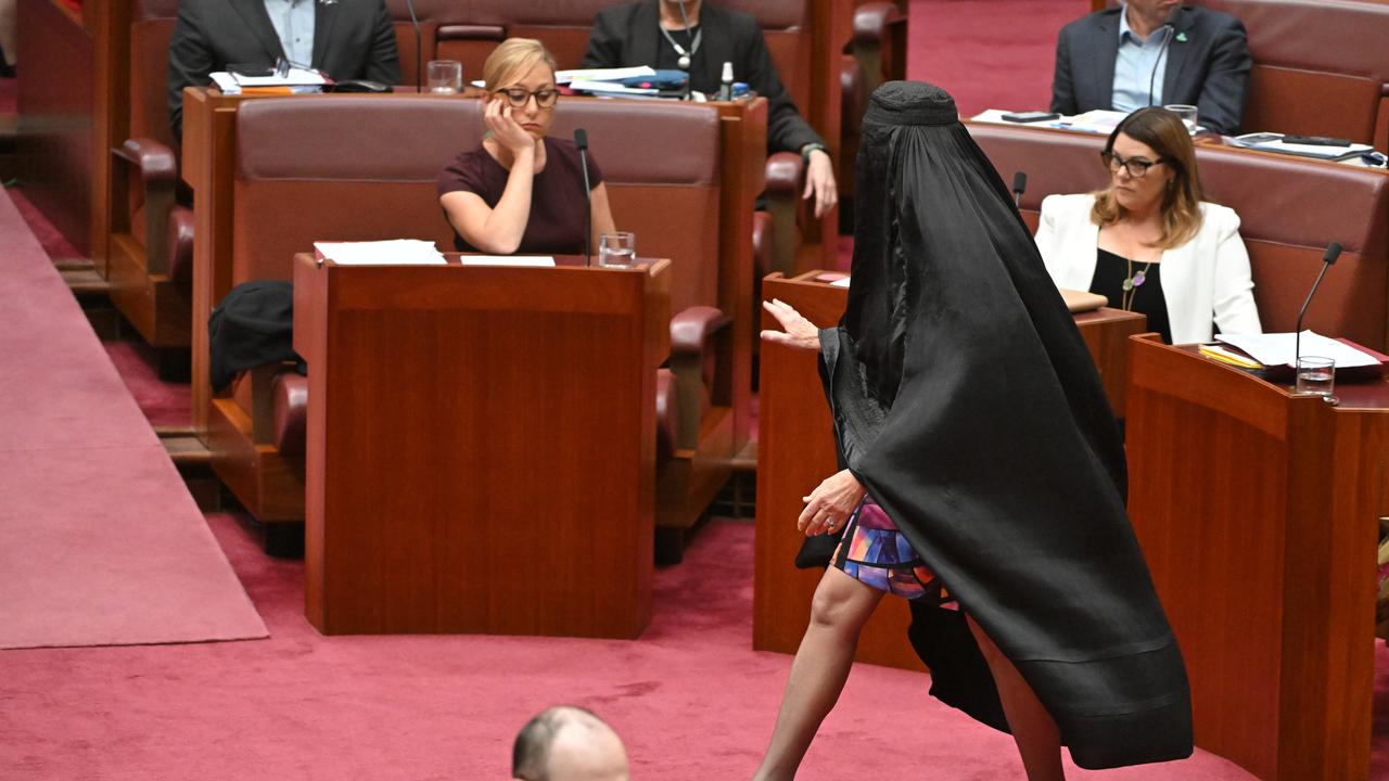 One Nation Leader Pauline Hanson wears a burqa in the Senate chamber