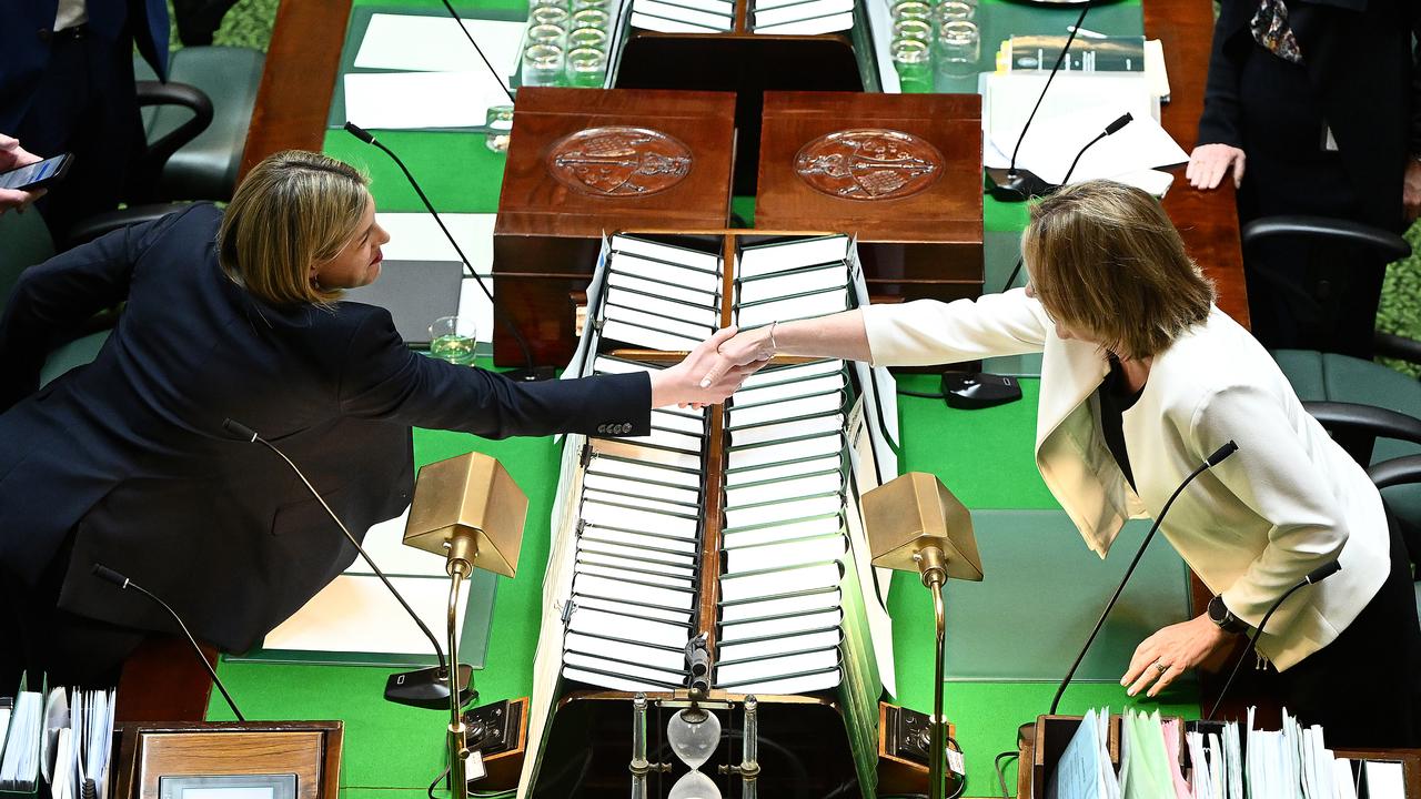 Opposition Leader Jess Wilson (left) with Premier Jacinta Allan.