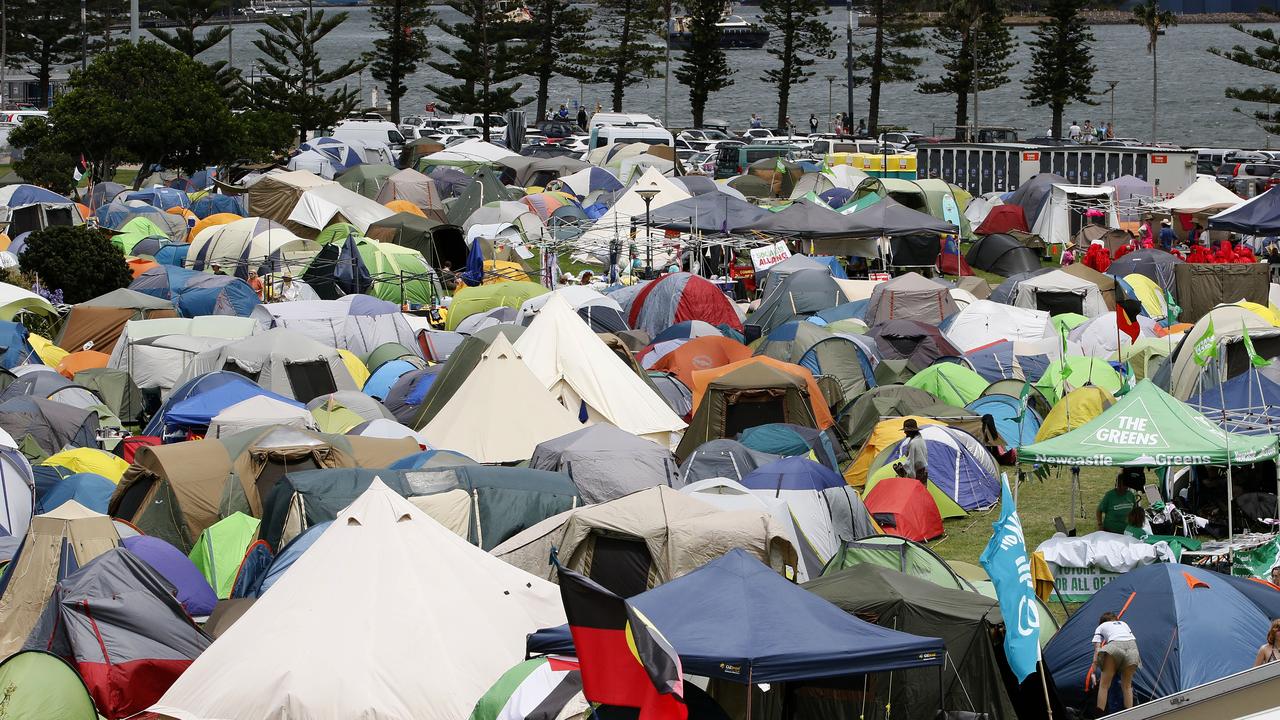 Protesters amongst tents along Newcastle foreshore
