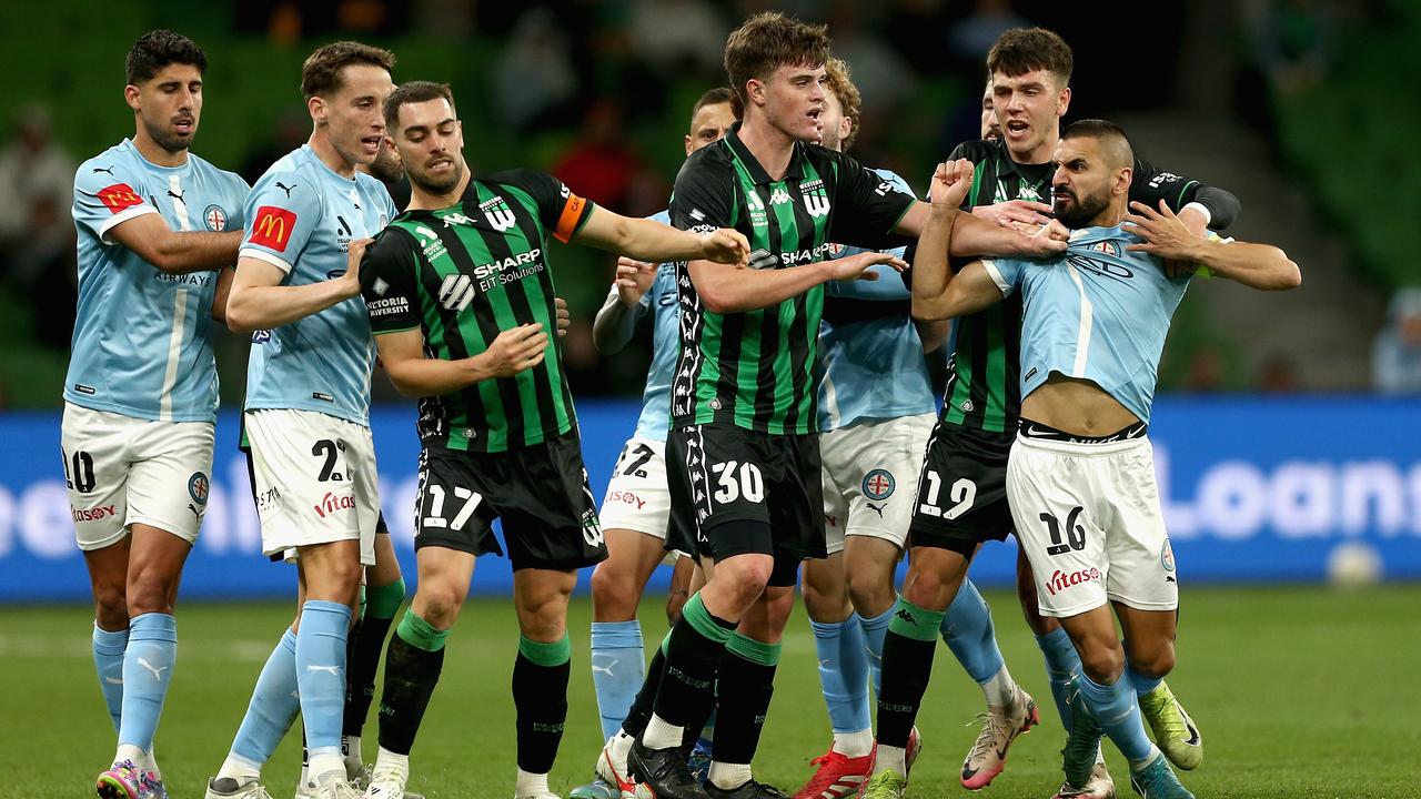 Western United and Melbourne City players jostling.