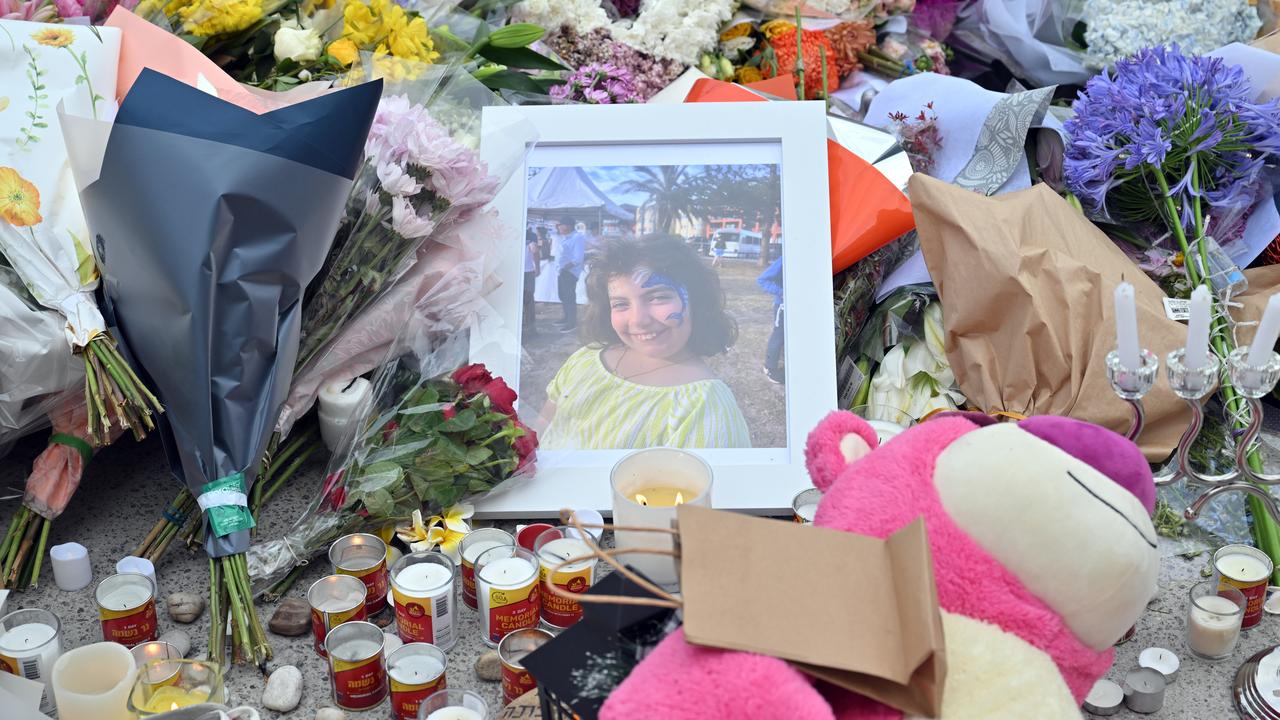 Flowers are seen at a makeshift memorial at the Bondi Pavillion