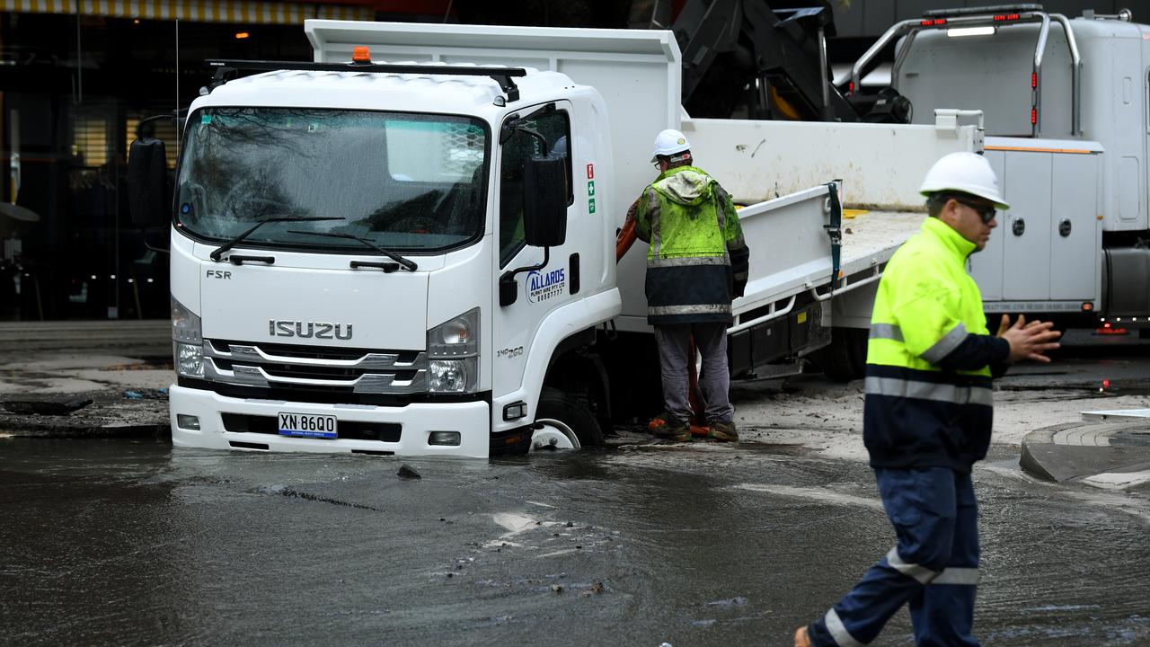 A truck stuck in a sinkhole at Double Bay in Sydney