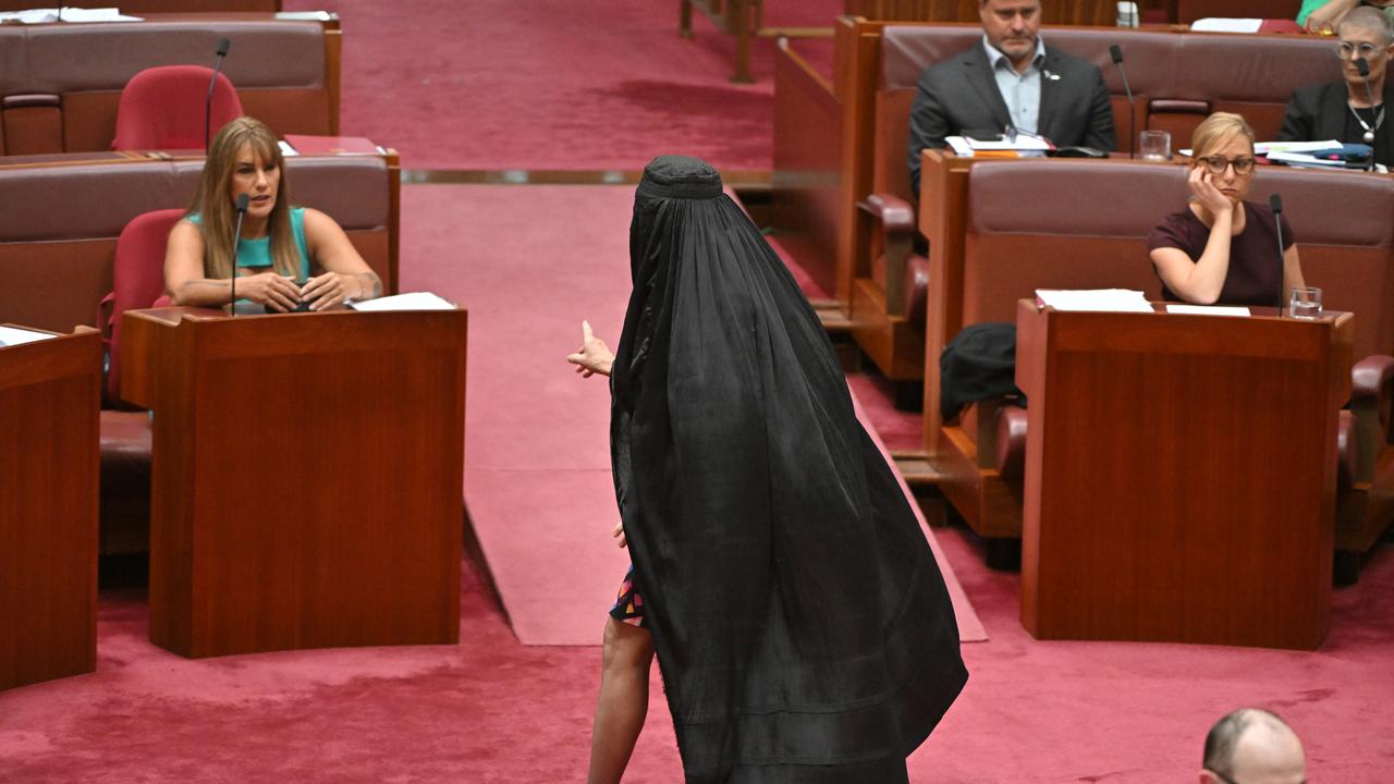 One Nation Leader Pauline Hanson wears a burqa in the Senate 