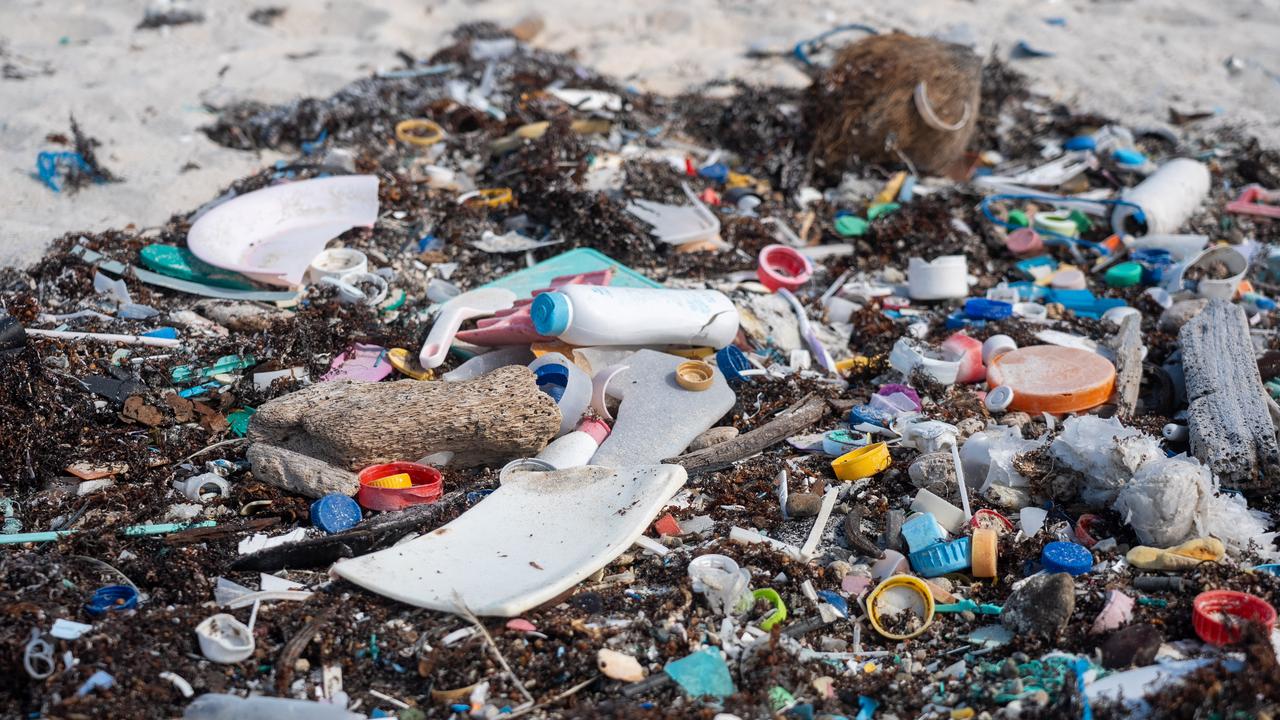 Plastic debris and ghost nets littering the beach