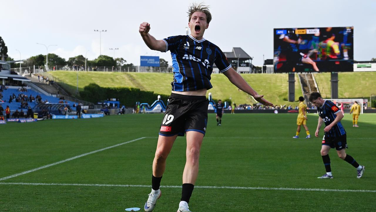 Auckland FC player Sam Cosgrove celebrates his goal