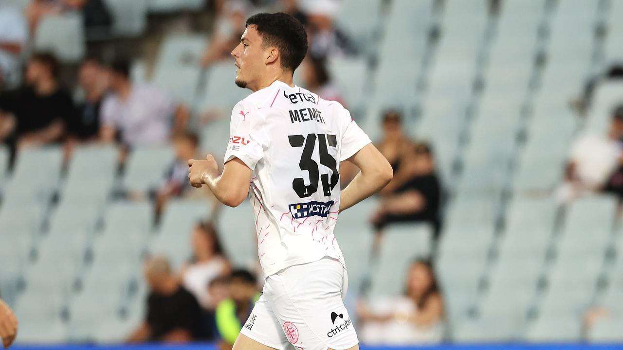 Medin Memeti of Melbourne City celebrates scoring a goal.