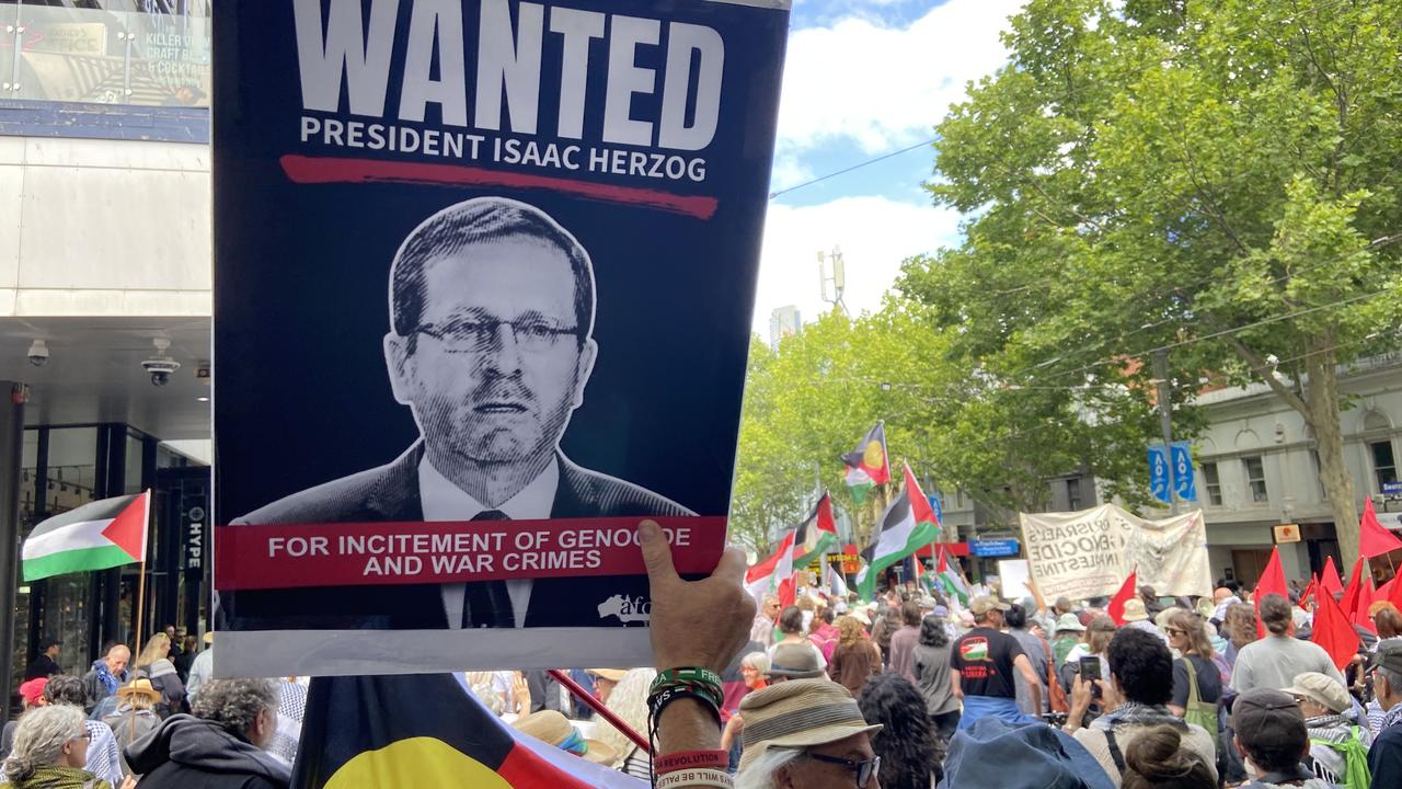 People protest against Israeli President Isaac Herzog's upcoming visit