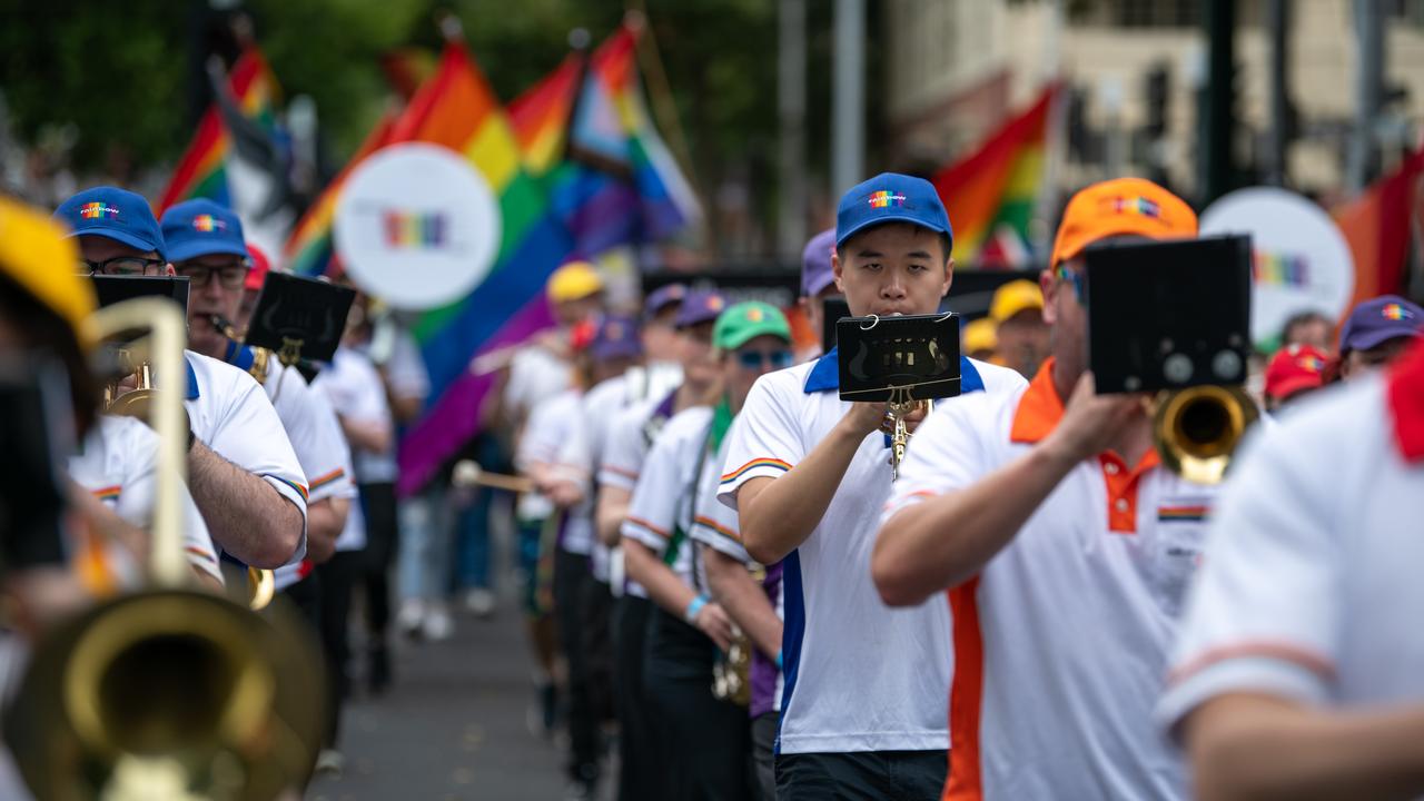 A marching band performs during the annual Midsumma Pride March