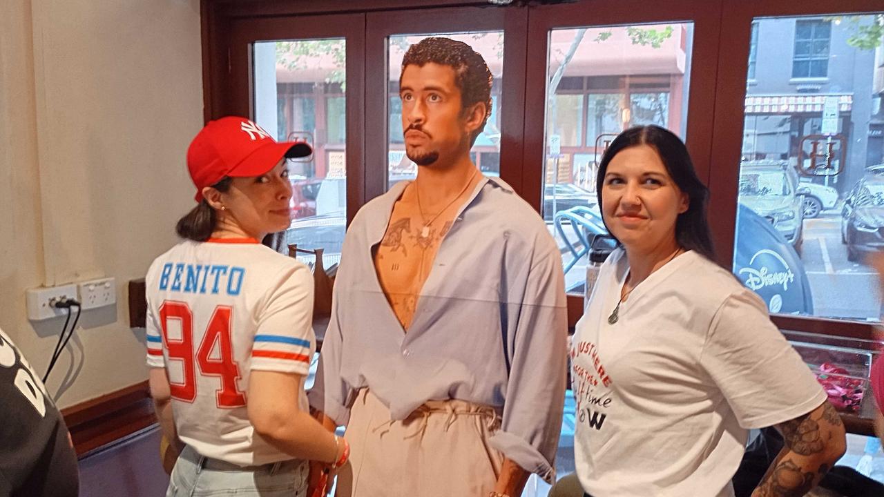 Super Bowl fans with a Bad Bunny cut out