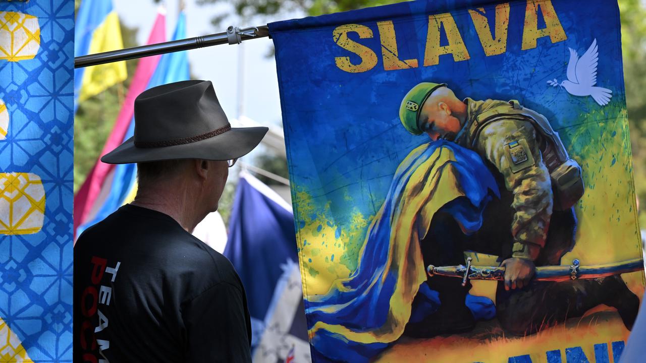 Pro-Ukraine protest outside Russia's embassy in Canberra