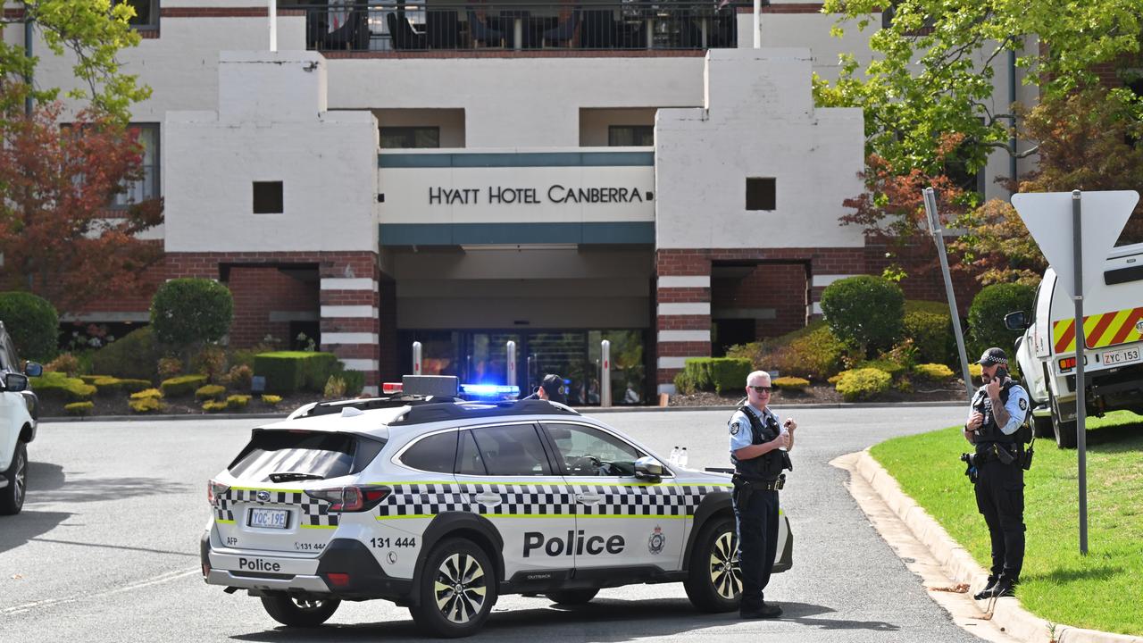 Police after a disturbance outside the Hyatt Hotel in Canberra