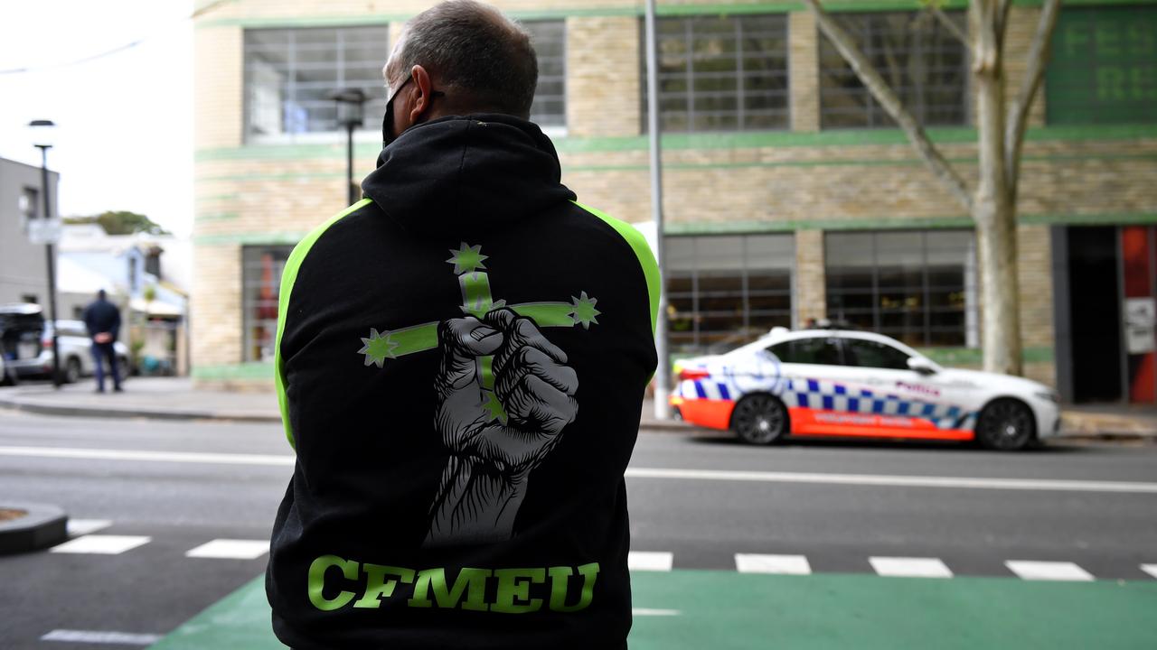 A CFMEU stands outside the union's Sydney hq (file)