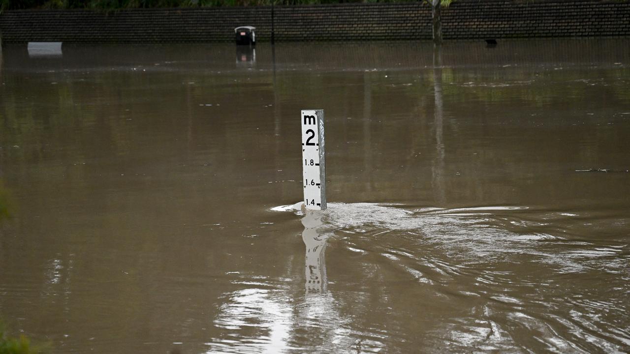 Parramatta ferry wharf and river walk are seen in flood