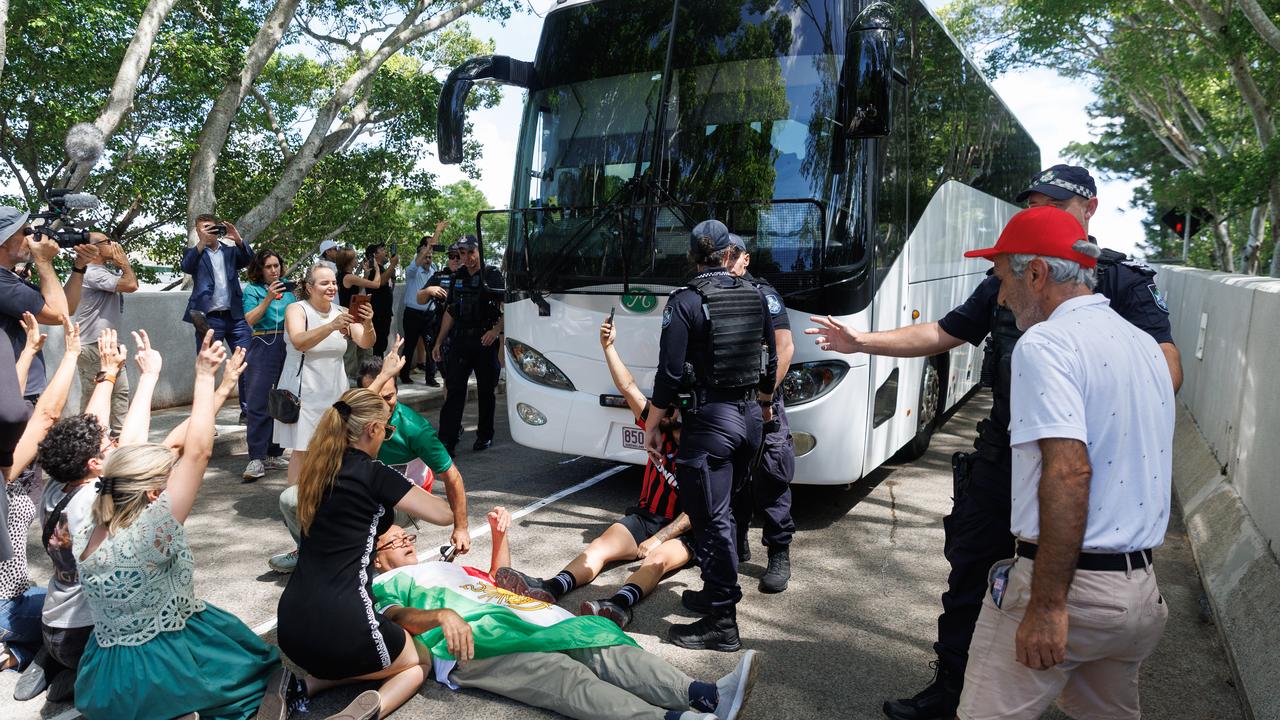 Protest outside of Royal Pines resort as Iranian players depart