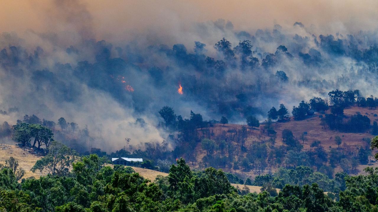 Smoke rises from burning forest on a hillside