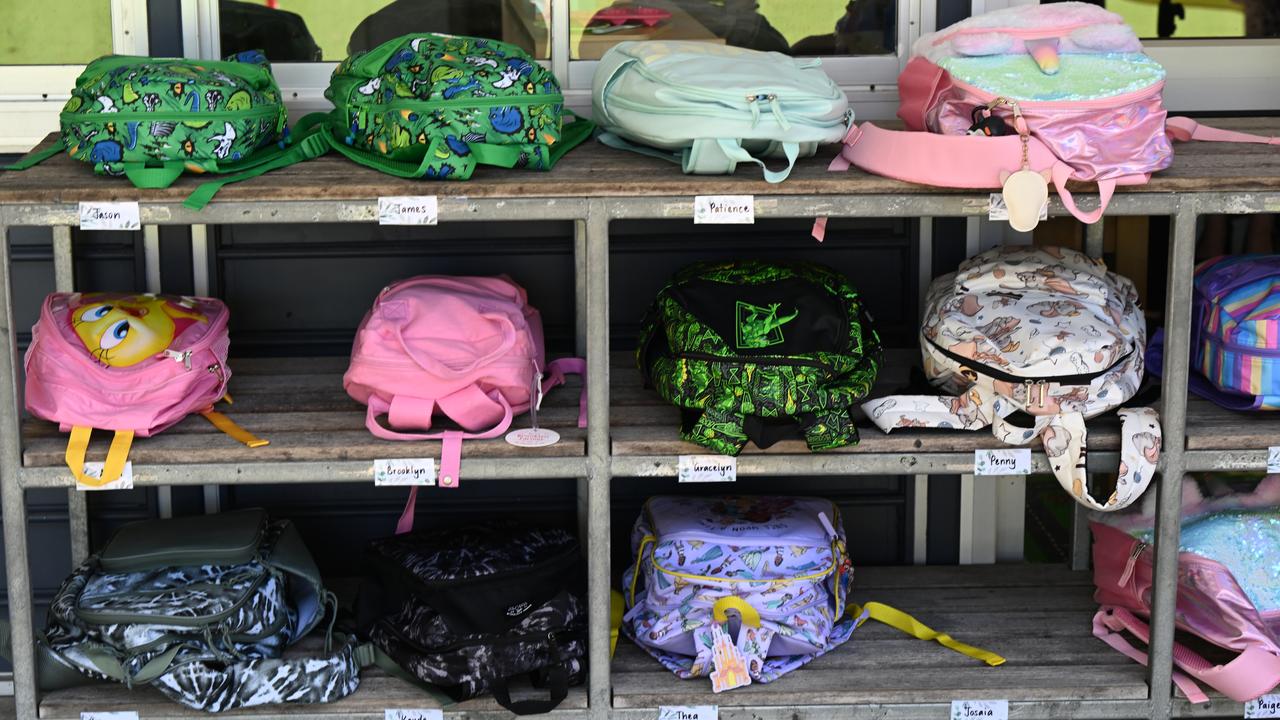 School bags are seen outside a classroom