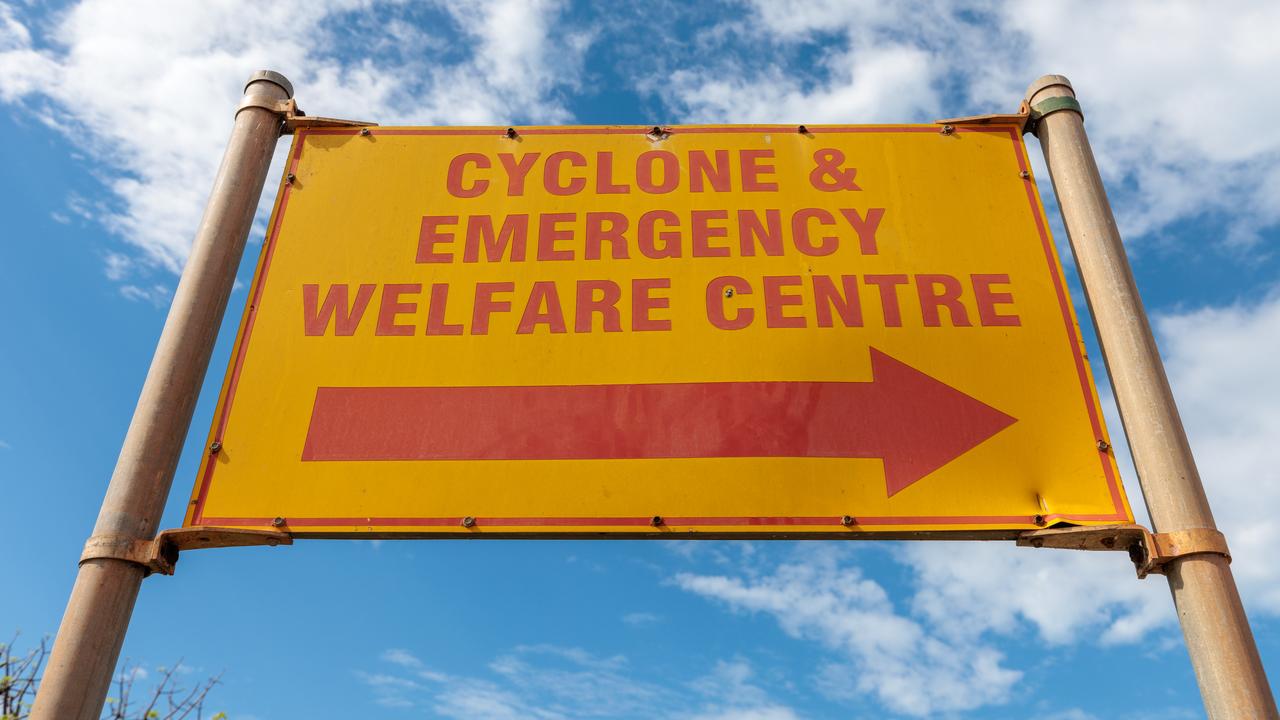 A sign for the Cyclone and Emergency Welfare Centre is seen in Broome