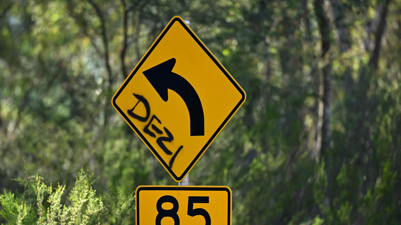 A street sign is seen with 'Dezi' spray painted