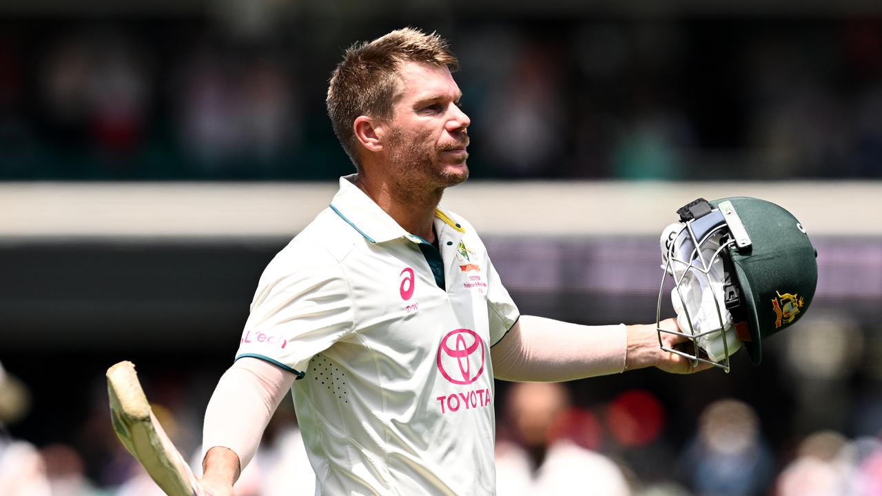 David Warner gestures to the crowd in his final Test match, in 2024