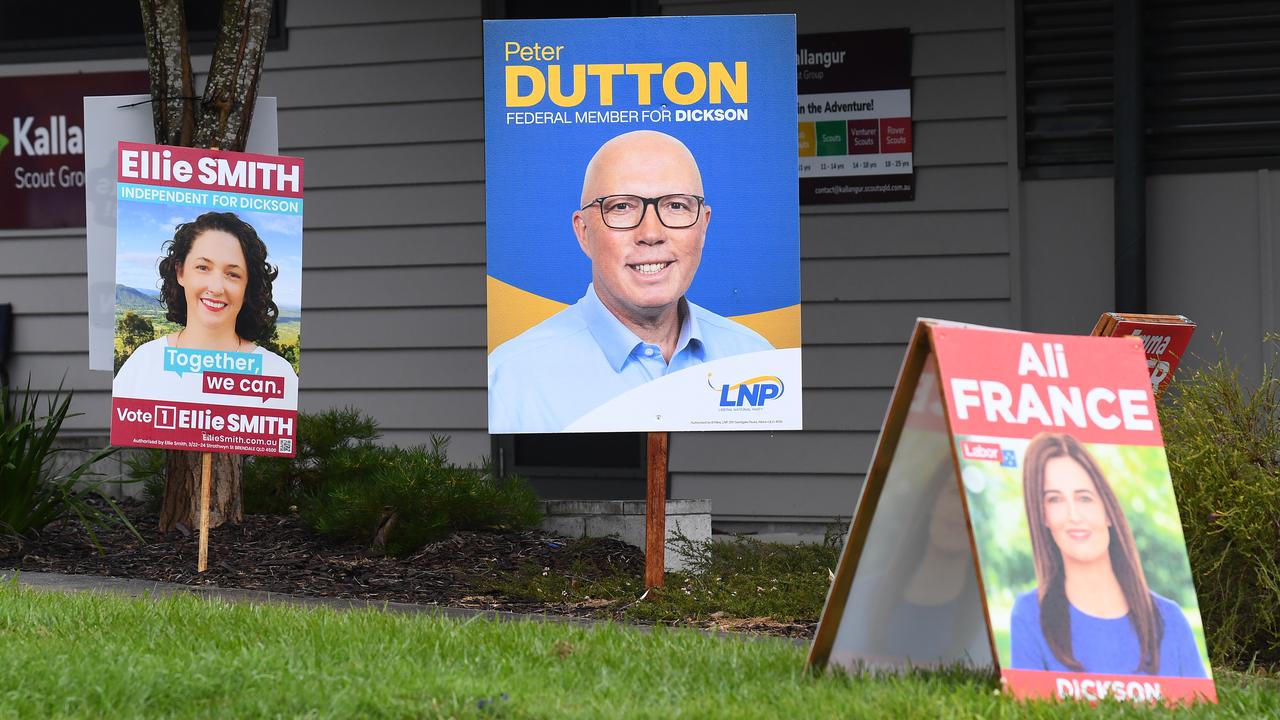 Corflutes of Ellie Smith, Peter Dutton and Ali France