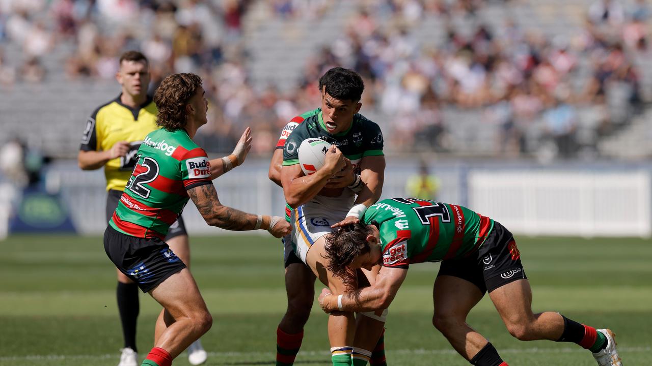 Savelio Tamale is tackled during his team's win over South Sydney.