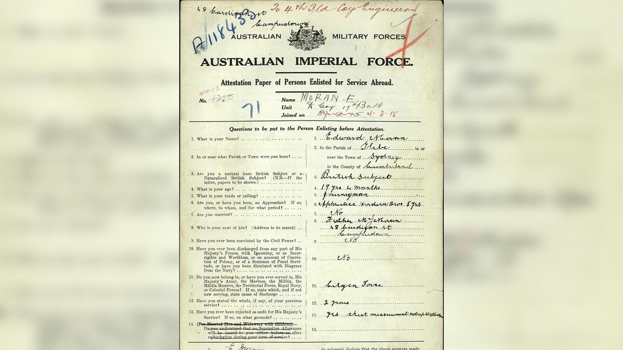 Enlistment record of WWI soldier Private Edward Moran