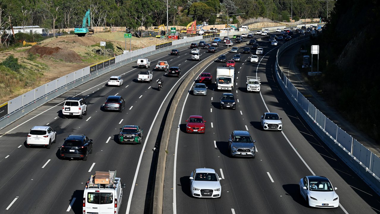Vehicles are seen travelling along the Eastern Freeway in Melbourne
