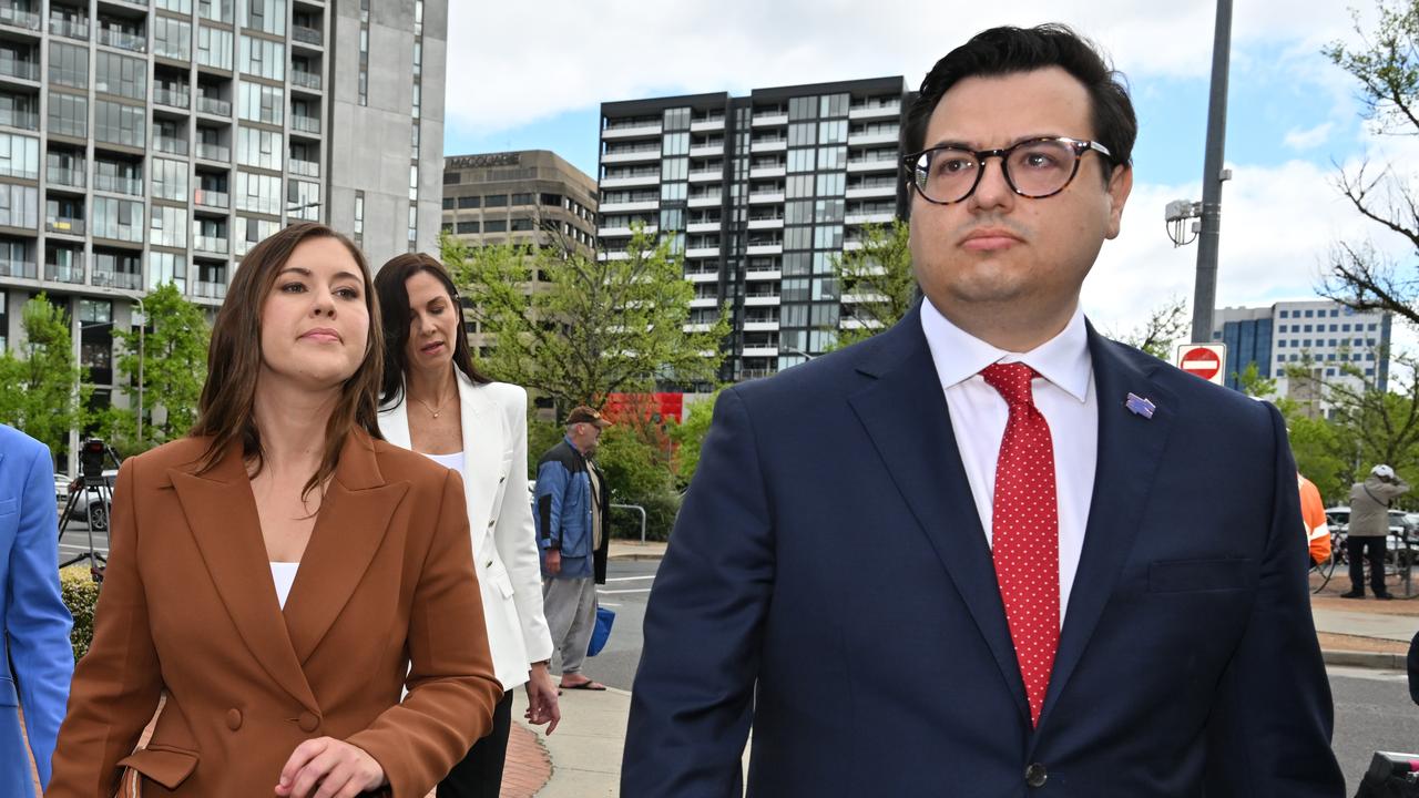 Brittany Higgins and David Sharaz outside court