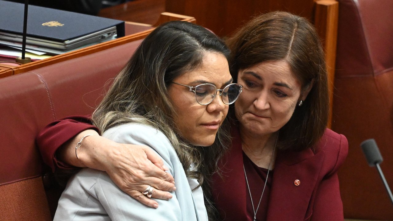 Senator Jacinta Nampijinpa Price is embraced by Sarah Henderson