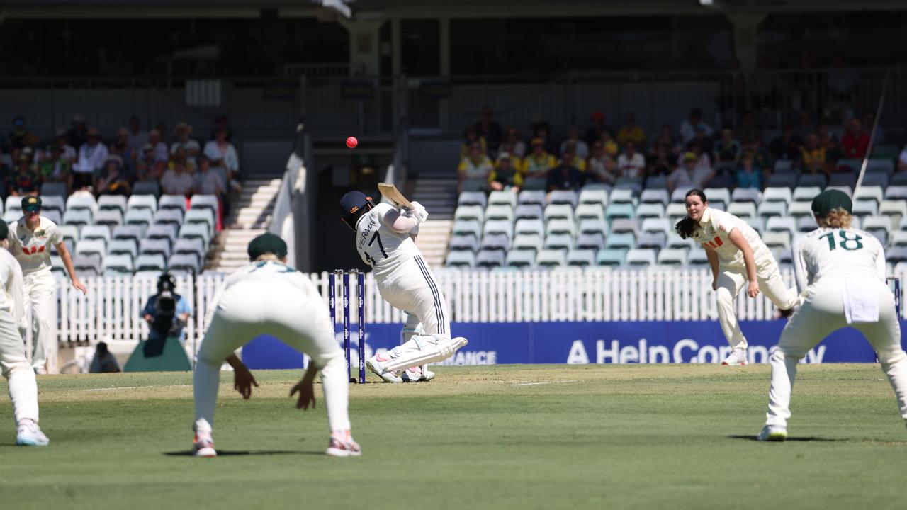 India's Shafali Verma ducks a ball bowled by Lucy Hamilton