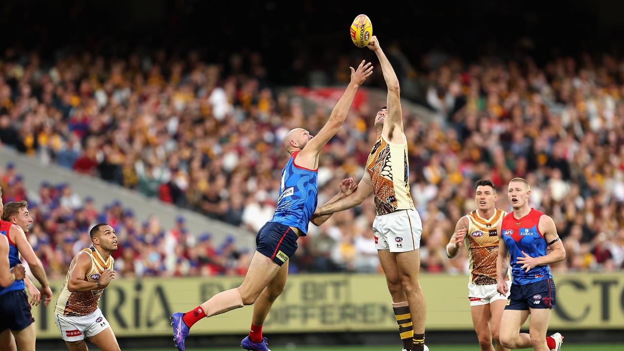 Melbourne's Max Gawn of the Demons and Ned Reeves